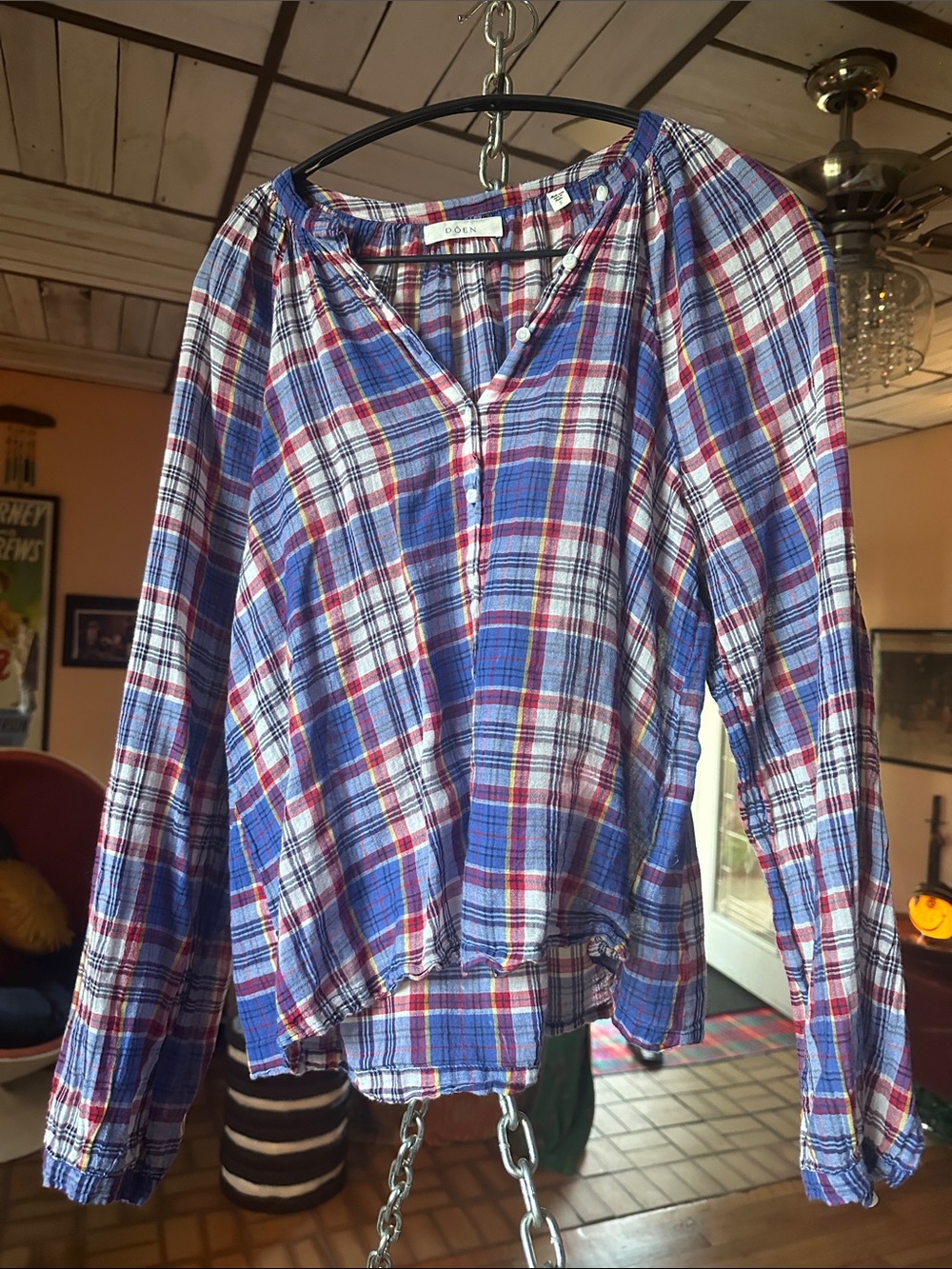 Doen Blue White & Red Plaid Button-Down Peasant Top